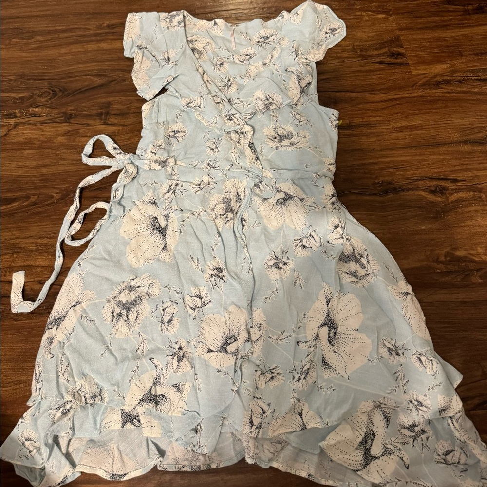 Free People French Quarter Wrap Blue White Floral Print Dress Womens Size Small
